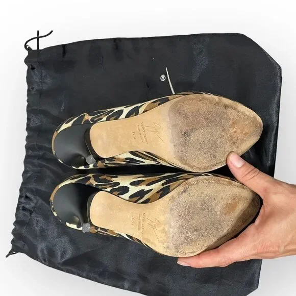 Giuseppe Zanotti Leopard Print Canvas Peep Toe Pumps 37.5 w/ dustbag - Picture 10 of 11